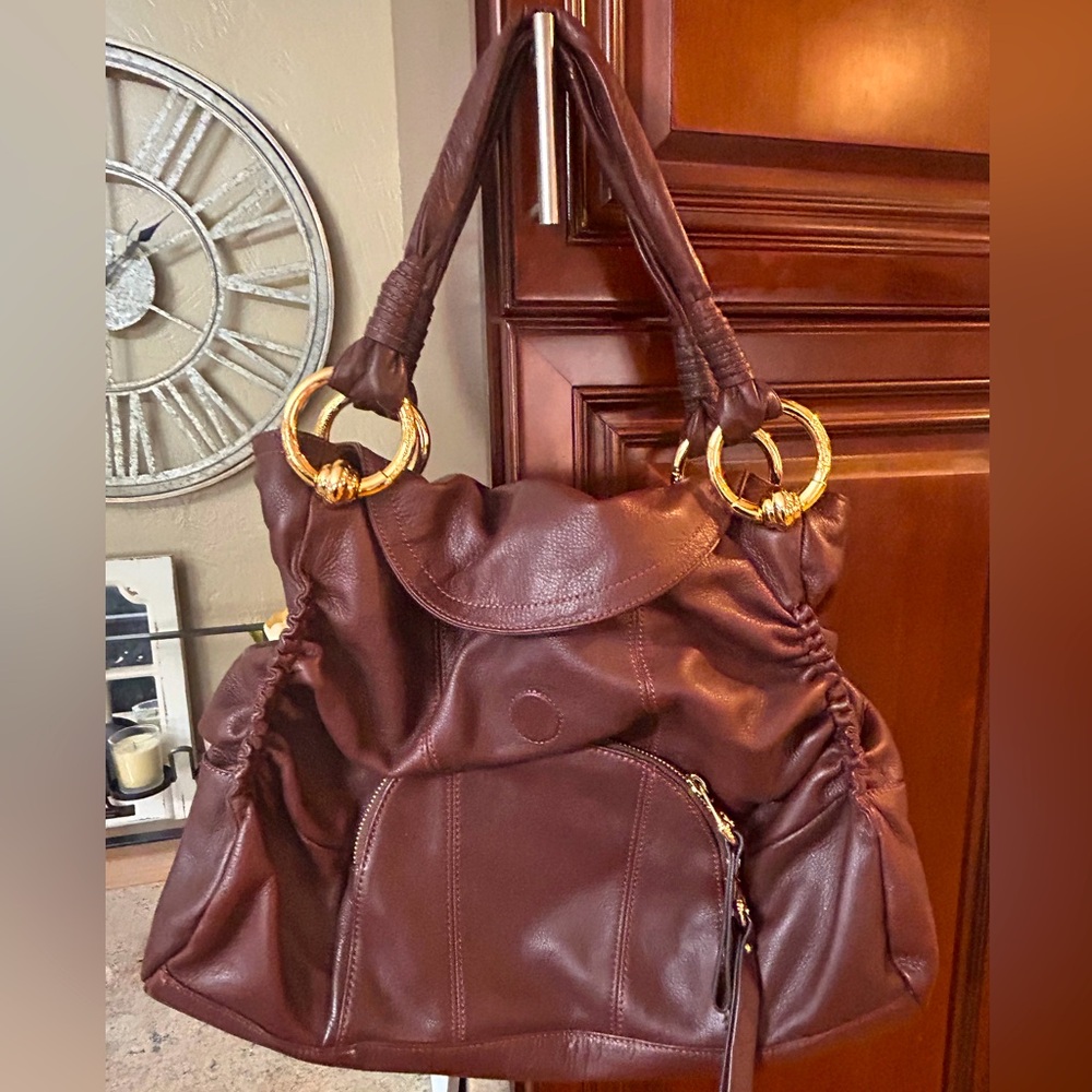 B Makowsky Large Brown Leather Handbag Gold Detail